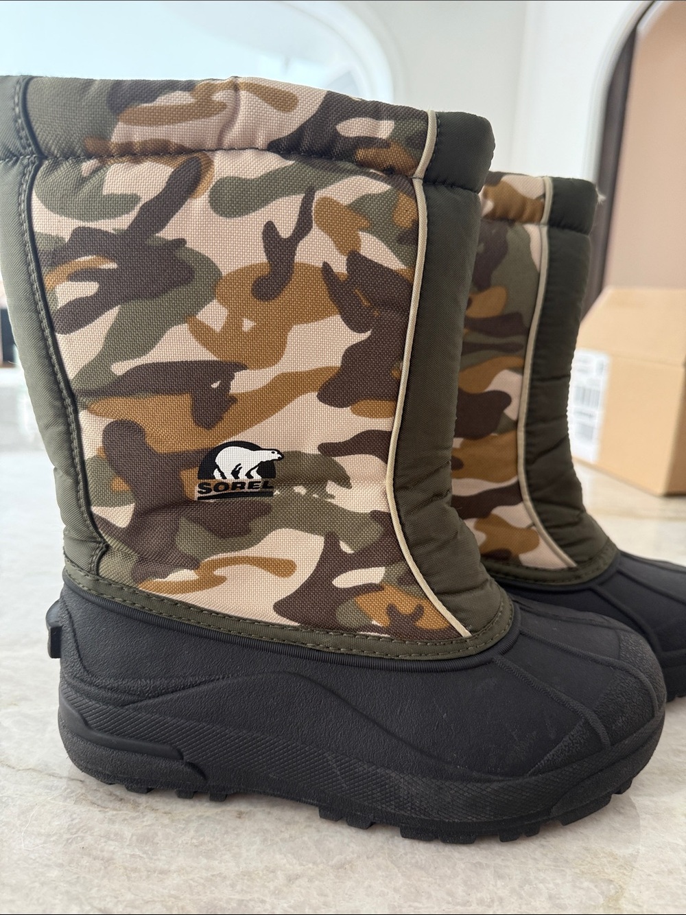 Sorel Kids' Camouflage Snow Boots in Olive and Brown